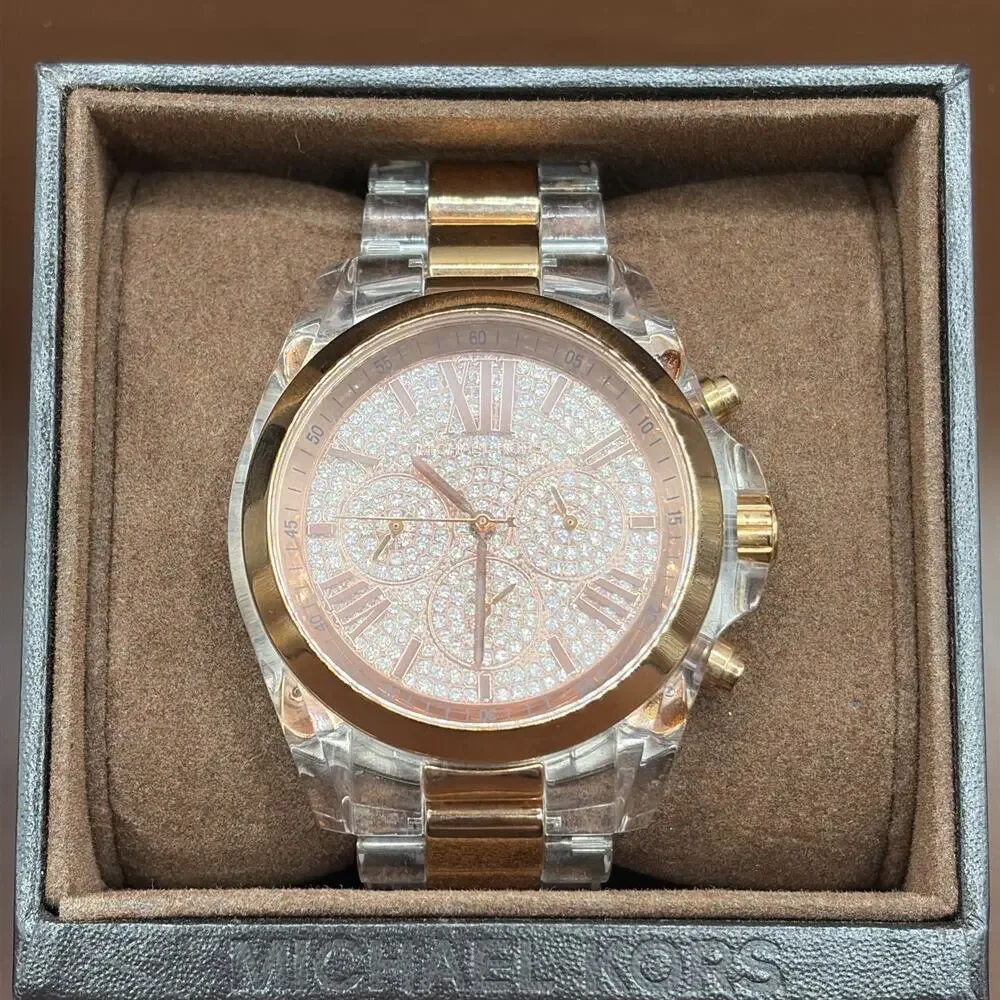 Michael Kors Chronograph Bradshaw Clear Acrylic Bracelet Rose Gold Watch MK5905